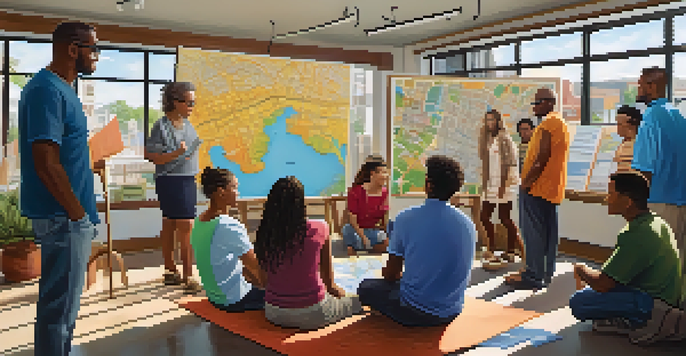 A diverse group of residents participating in a community meeting, discussing a map of their neighborhood with colorful posters around them.