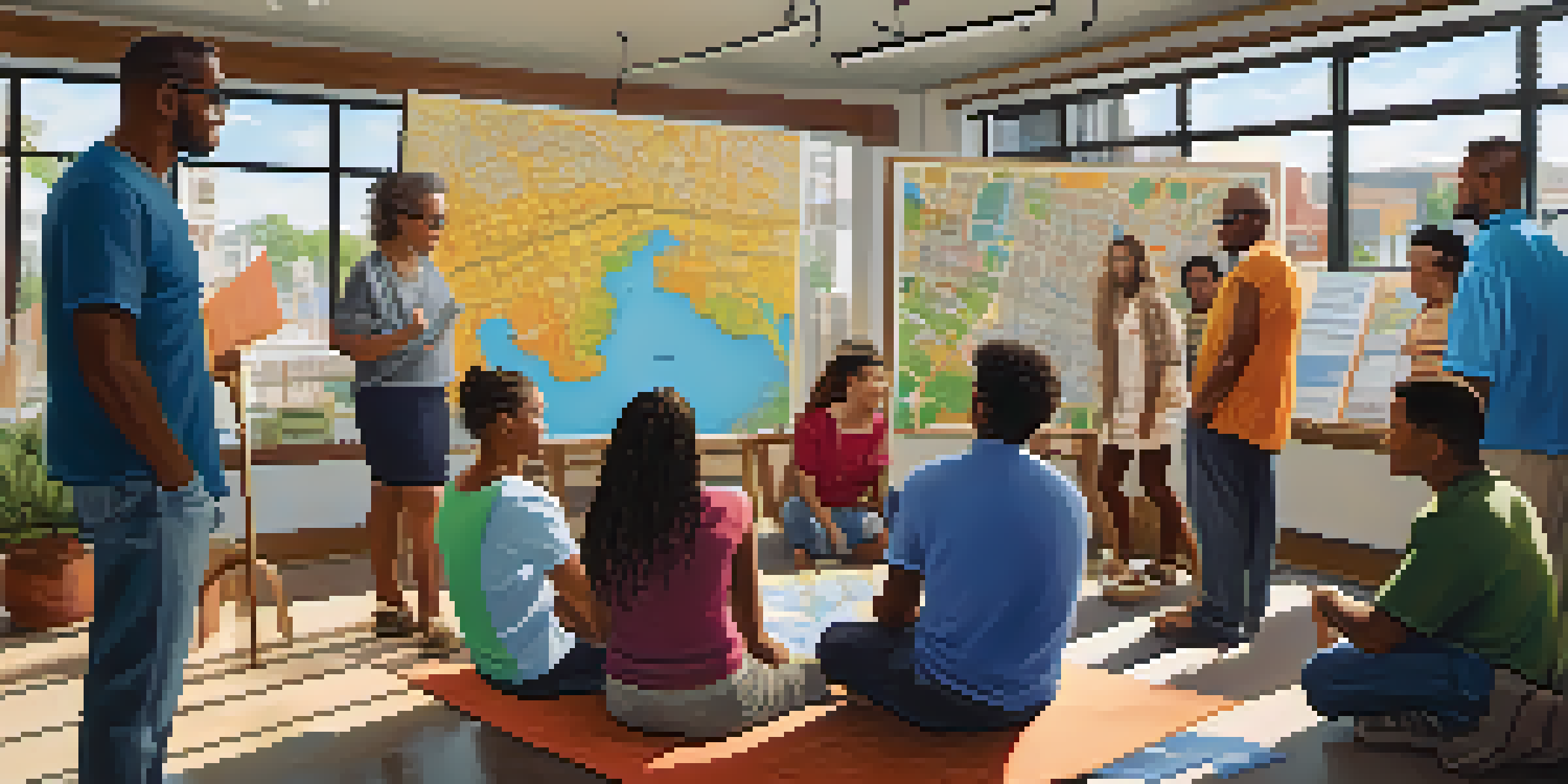 A diverse group of residents participating in a community meeting, discussing a map of their neighborhood with colorful posters around them.