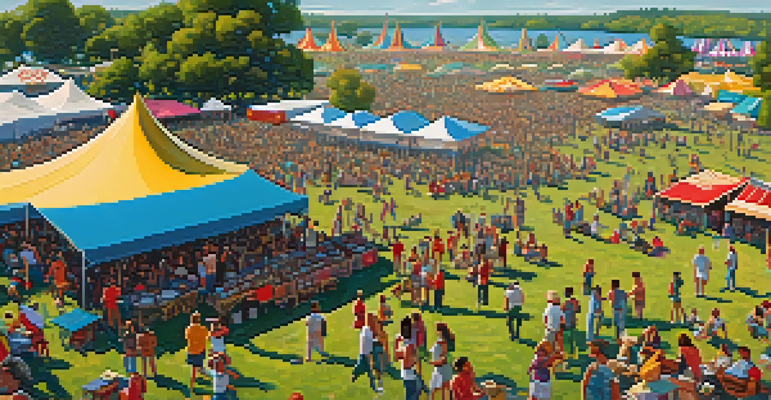An aerial view of a vibrant outdoor music festival with a large crowd and stage.