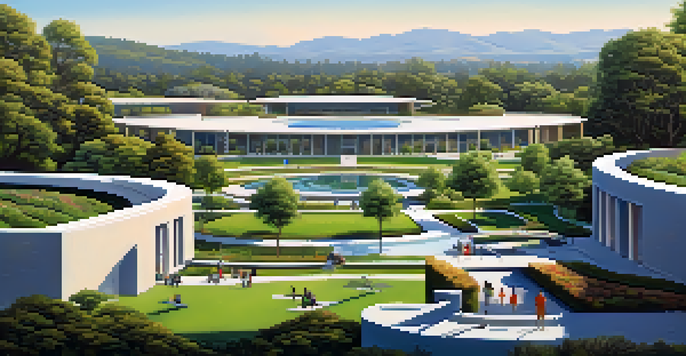 A scenic view of Cupertino with a park in the foreground and the Apple headquarters in the background, highlighting the blend of nature and modern architecture.