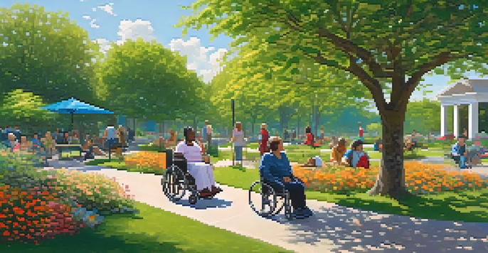 A sunny park with individuals of different abilities interacting. A person in a wheelchair is on a smooth path, someone is using a cane, and another listens to an audiobook. The park is filled with green trees and colorful flowers.
