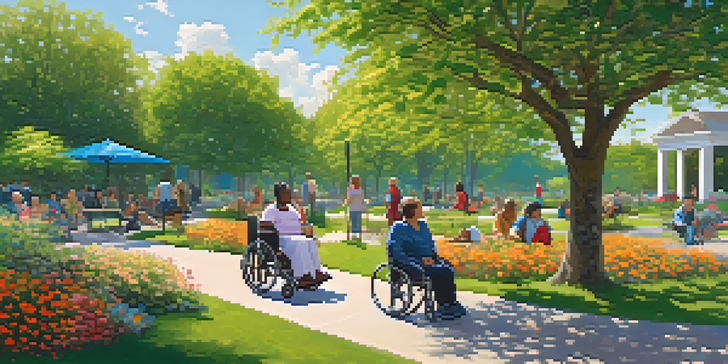 A sunny park with individuals of different abilities interacting. A person in a wheelchair is on a smooth path, someone is using a cane, and another listens to an audiobook. The park is filled with green trees and colorful flowers.