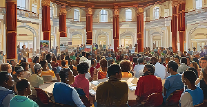 A diverse group of people participating in a community meeting inside a historic theater, with decorations and banners about preservation.