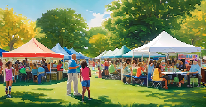 A lively community event in a park with diverse individuals engaging at non-profit booths, surrounded by greenery and children playing.