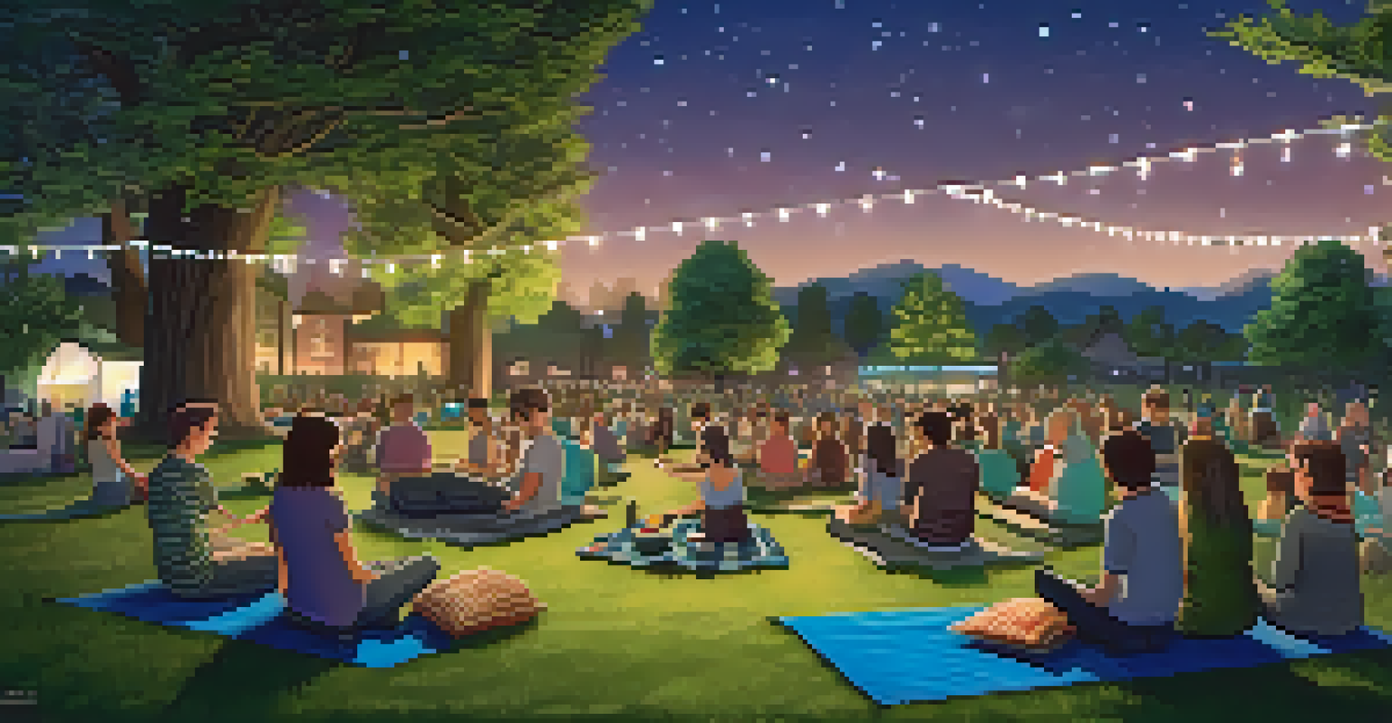 Community members gathered for an outdoor movie night in a park, discussing conservation under a starry sky with fairy lights.