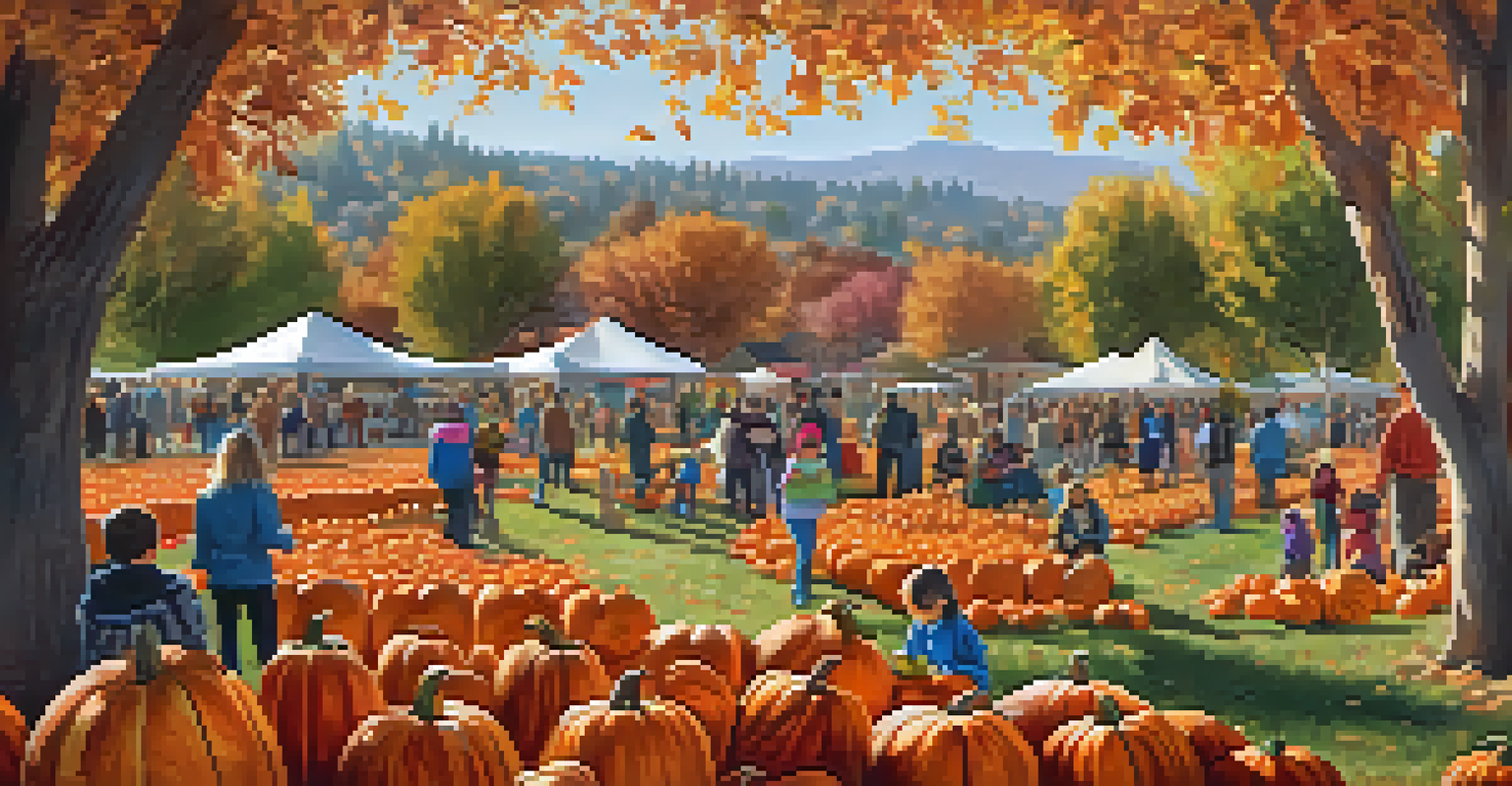 Families picking pumpkins in a vibrant autumn setting with colorful leaves and children enjoying hayrides and petting zoos.