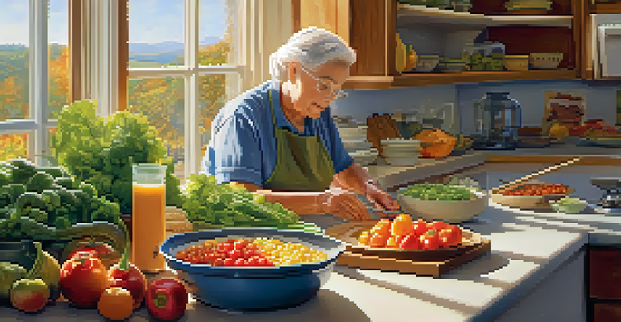 A senior person in a bright kitchen, preparing a colorful meal with fresh vegetables and fruits.