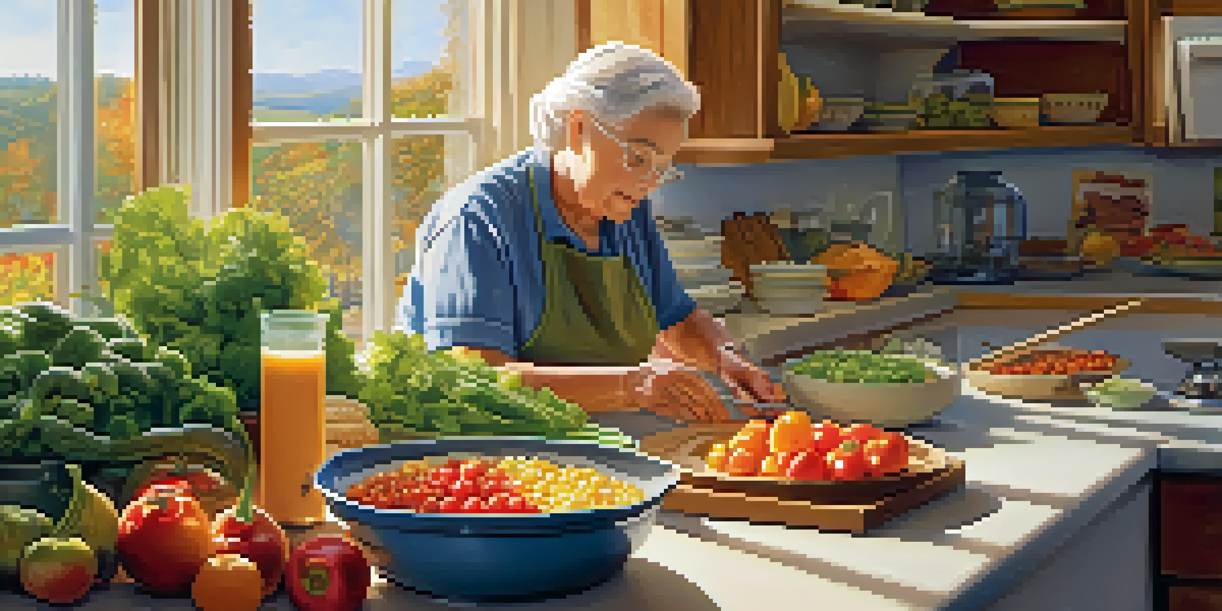 A senior person in a bright kitchen, preparing a colorful meal with fresh vegetables and fruits.