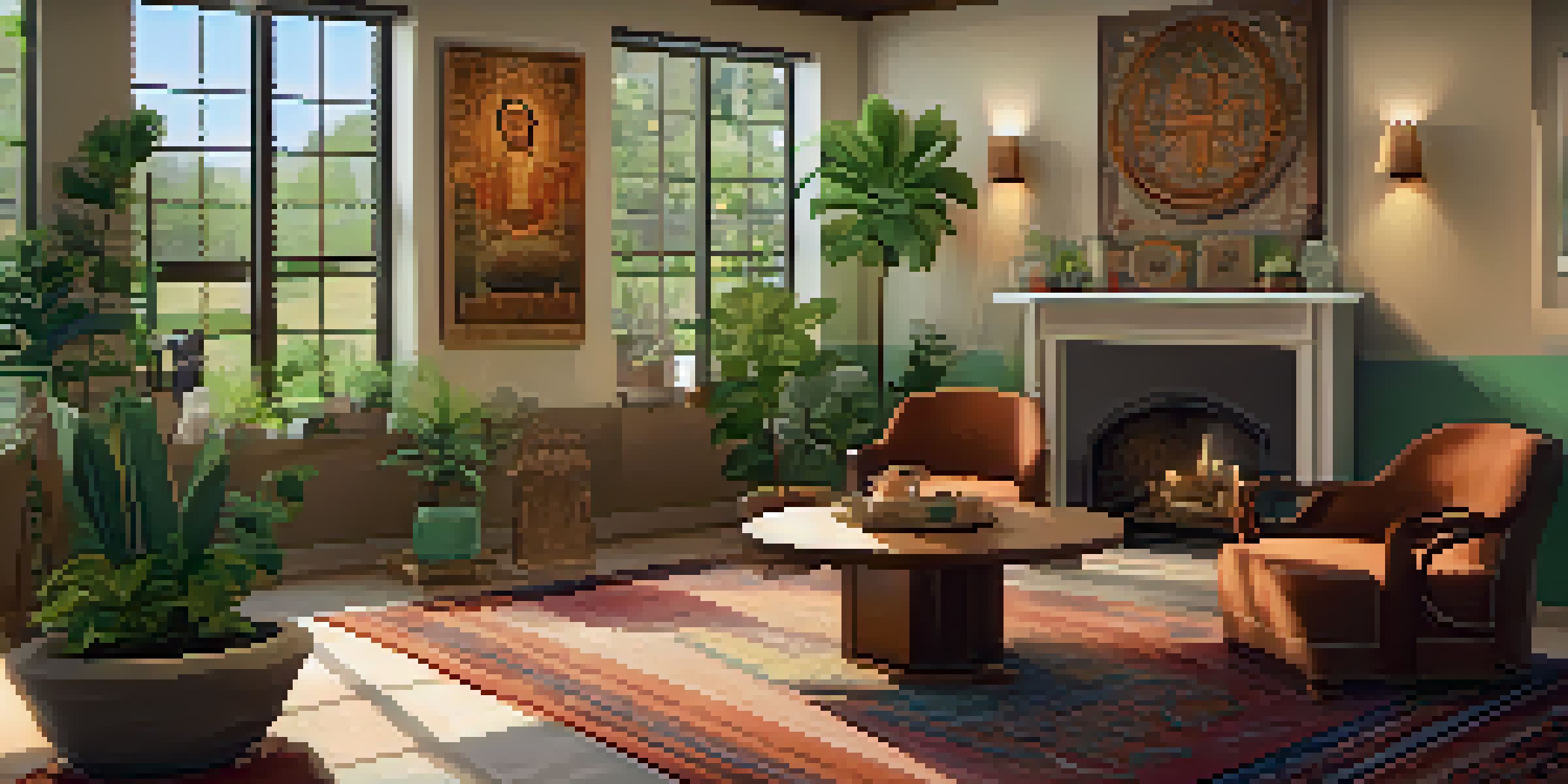 A warm and inviting shared space designed for faith discussions, with comfortable seating in a circle, ambient lighting, and decorations from various faith traditions.