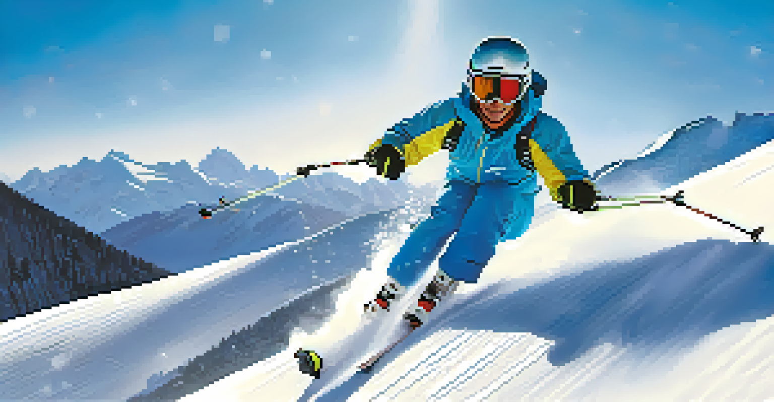 An adaptive skier in a sit-ski gliding down a snowy mountain slope with a clear blue sky and towering peaks in the background.