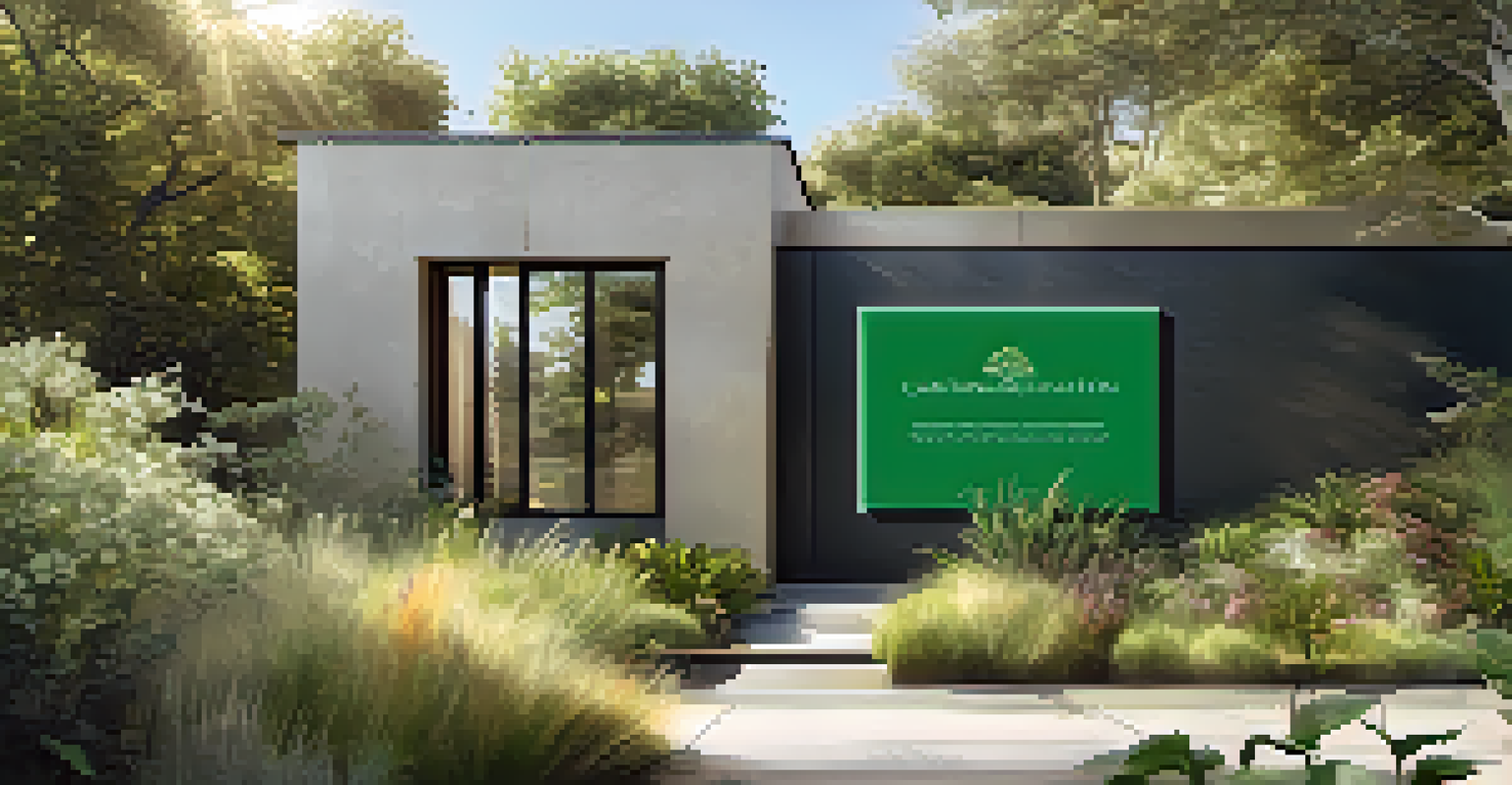 A close-up view of a green certification plaque on a modern home, surrounded by native plants, symbolizing commitment to sustainability.
