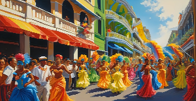 A lively street scene during Carnival with dancers in colorful costumes and happy crowds.
