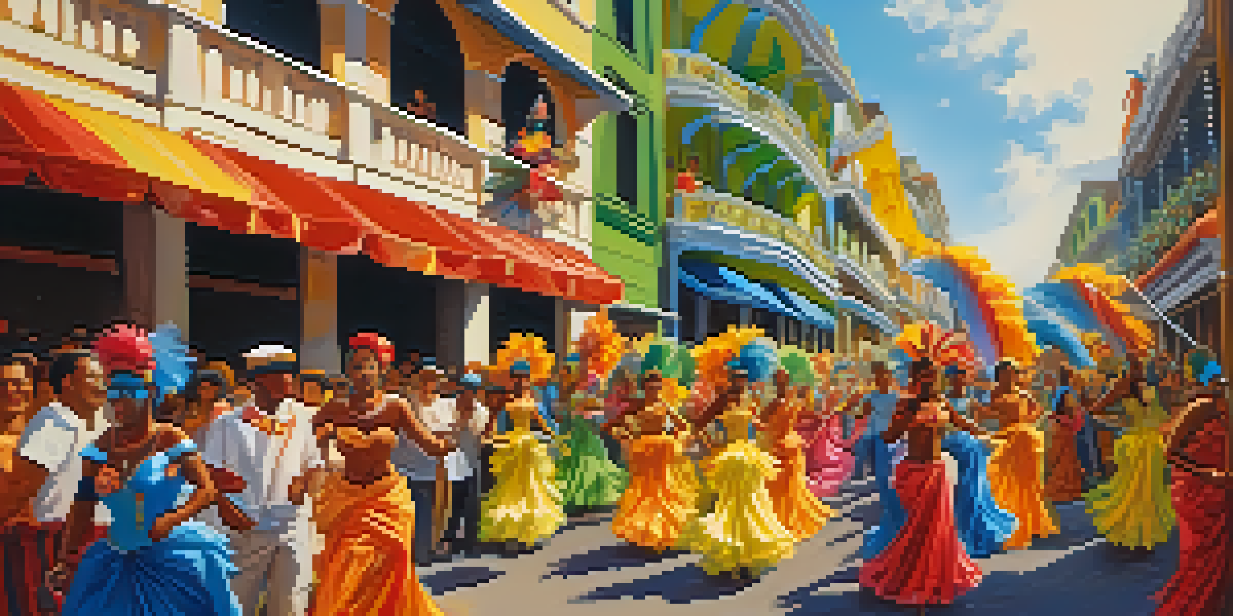 A lively street scene during Carnival with dancers in colorful costumes and happy crowds.
