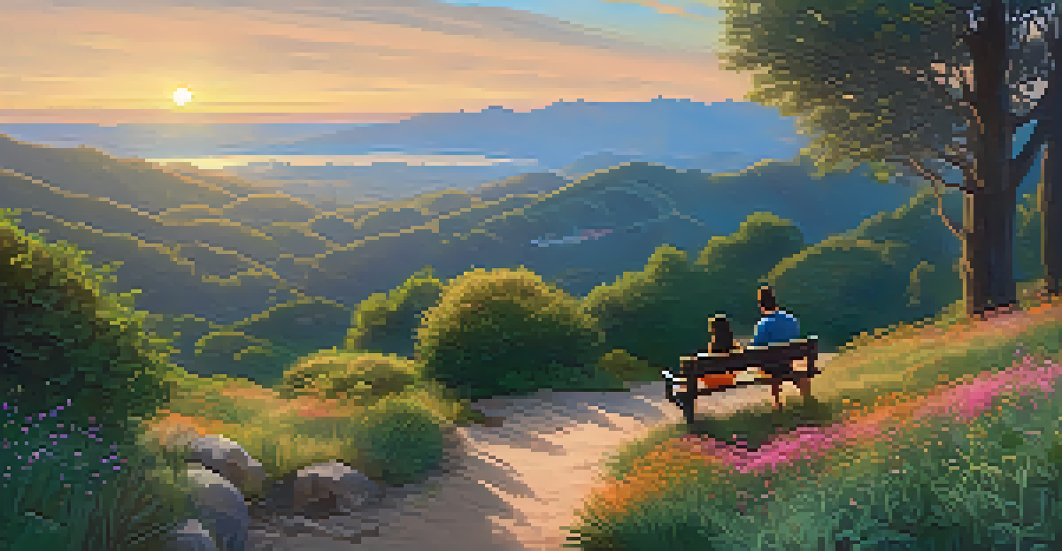 A serene hiking trail in Cupertino with a digital nomad resting on a bench, surrounded by lush nature and a beautiful sunset.