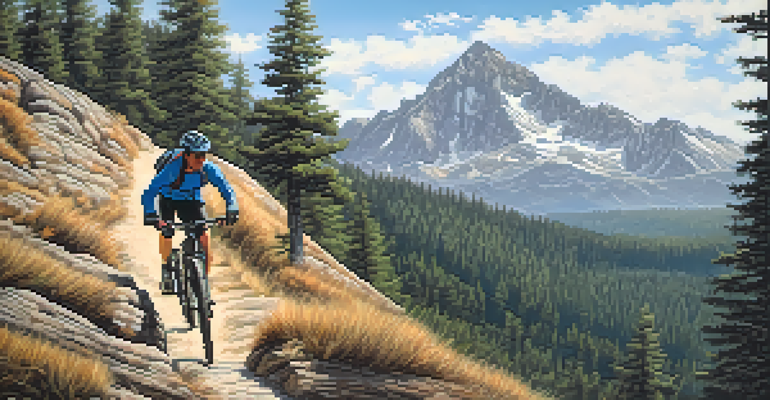 A mountain biker riding on a challenging trail with rocky terrain and a backdrop of mountains and pine trees.