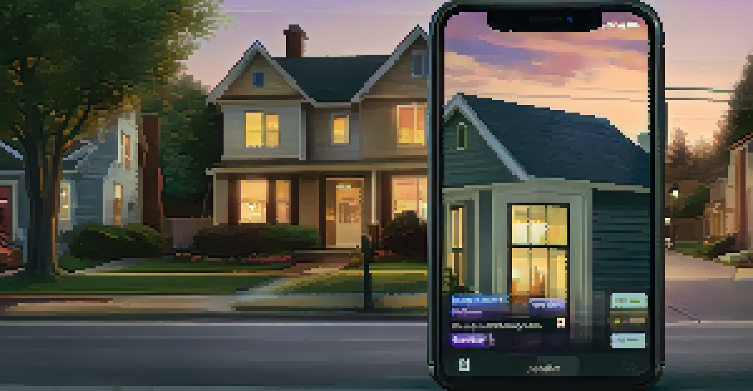 A close-up of a smartphone showing a community safety app, with a cozy neighborhood in the background.
