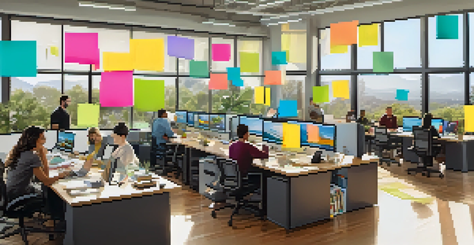 A diverse group of professionals working together in a bright, modern office space filled with natural light and plants.