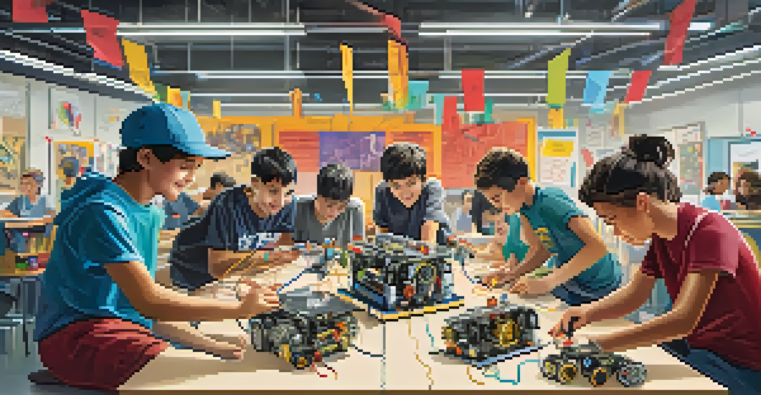 Students collaborating in a robotics club, building a robot with various parts and tools on a table.