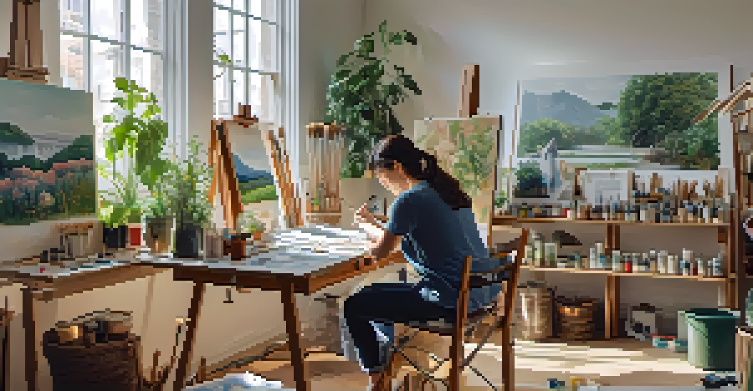 A bright artist's studio filled with artworks and painting supplies, featuring an artist working on a canvas in a cozy environment.