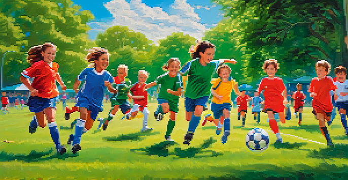A lively youth soccer game with children in colorful uniforms playing on a green field, surrounded by cheering parents and trees under a clear blue sky.