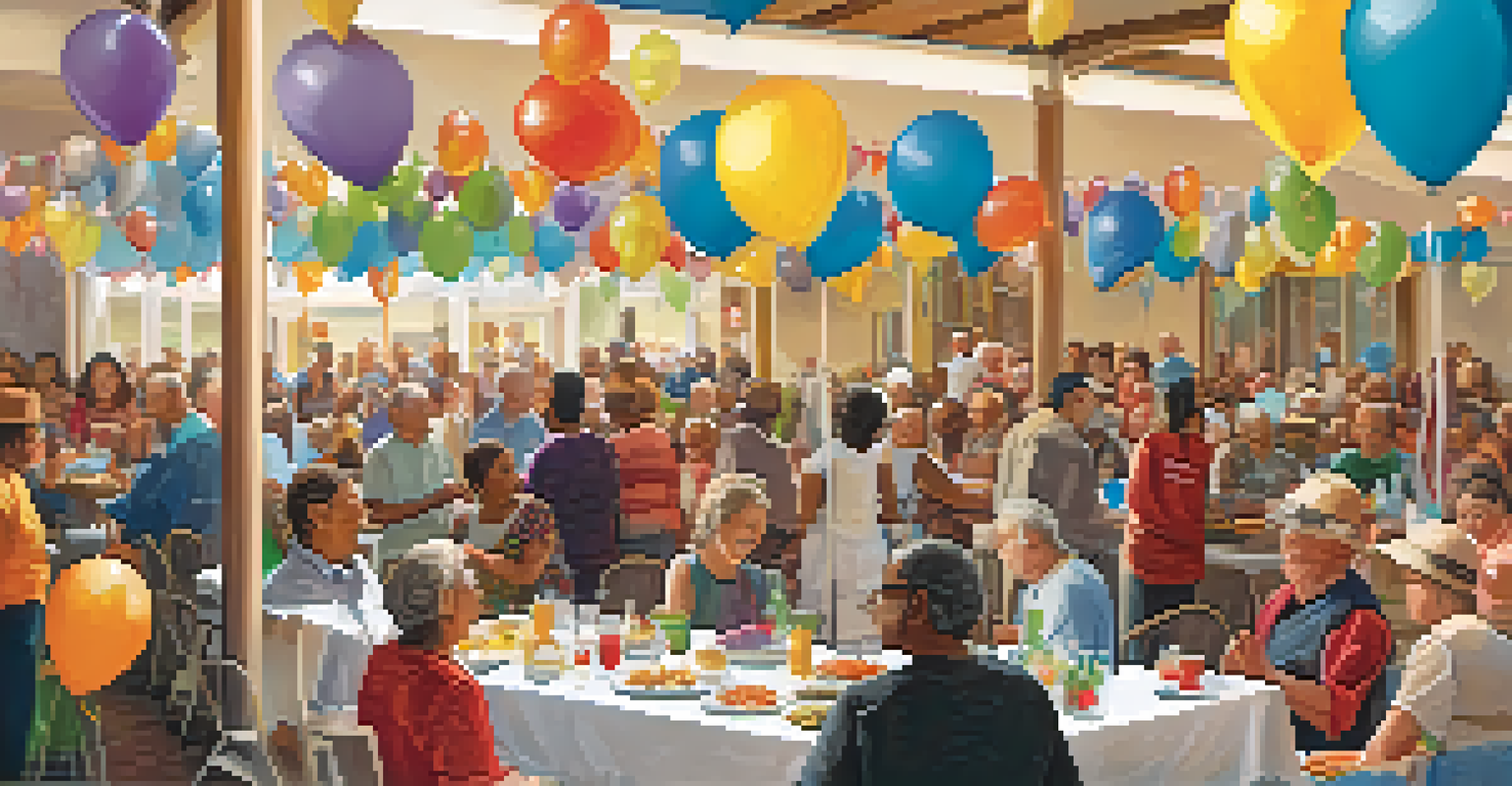 A community celebration event with people gathered under a banner celebrating health achievements, filled with smiles and decorations.