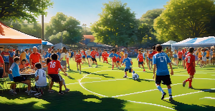 A lively community gathering at a soccer match with families and friends cheering, colorful jerseys, food stalls, and a sunny atmosphere.