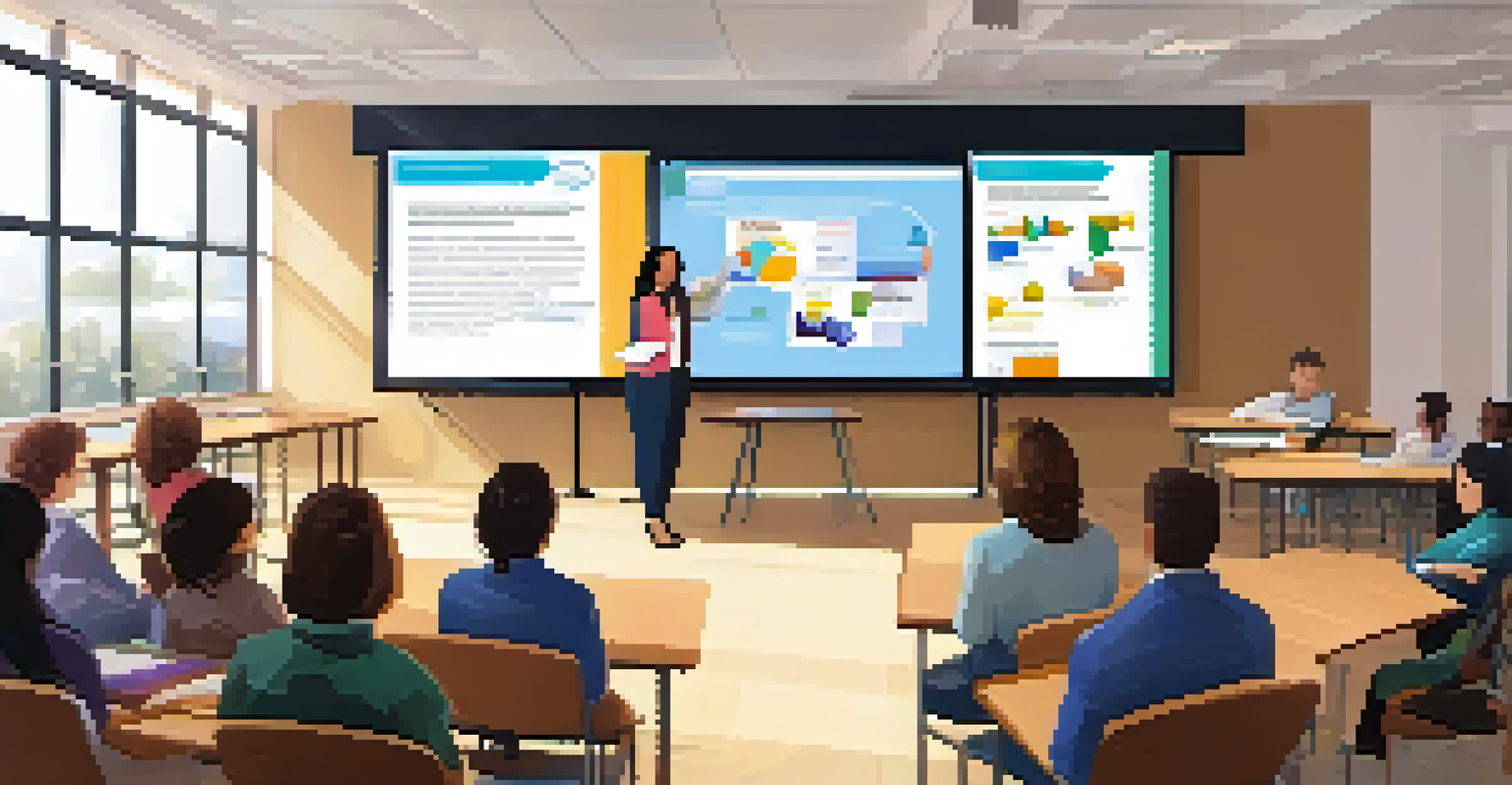 A teacher demonstrating a new educational tool to an audience of teachers in a bright and modern classroom.