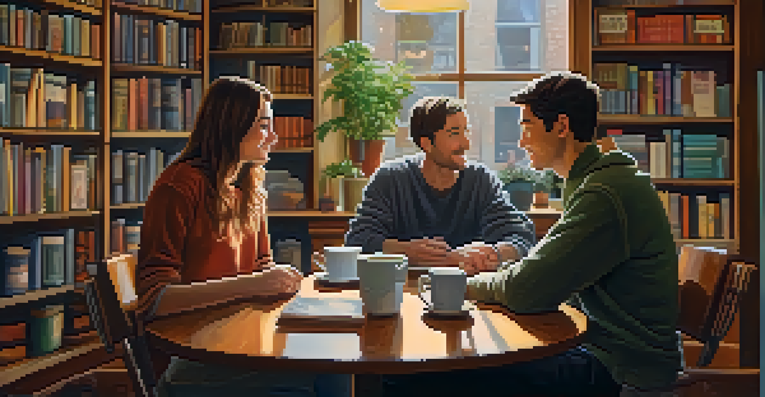 Inside a cozy coffee shop, two friends are discussing their feelings over coffee, with books in the background and a plant on the table.