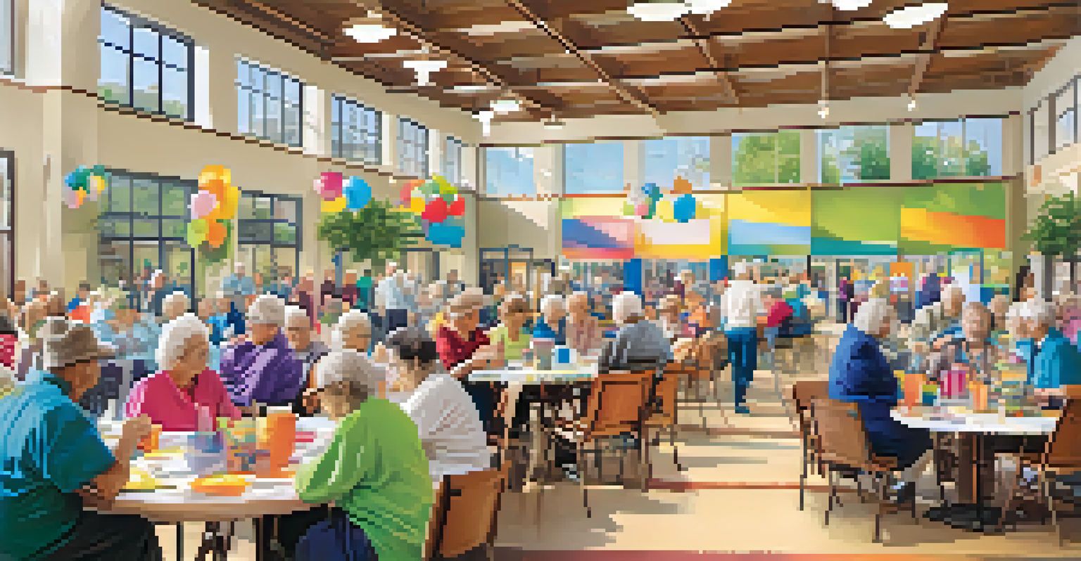 A community center filled with seniors engaging in various activities and exploring information booths.