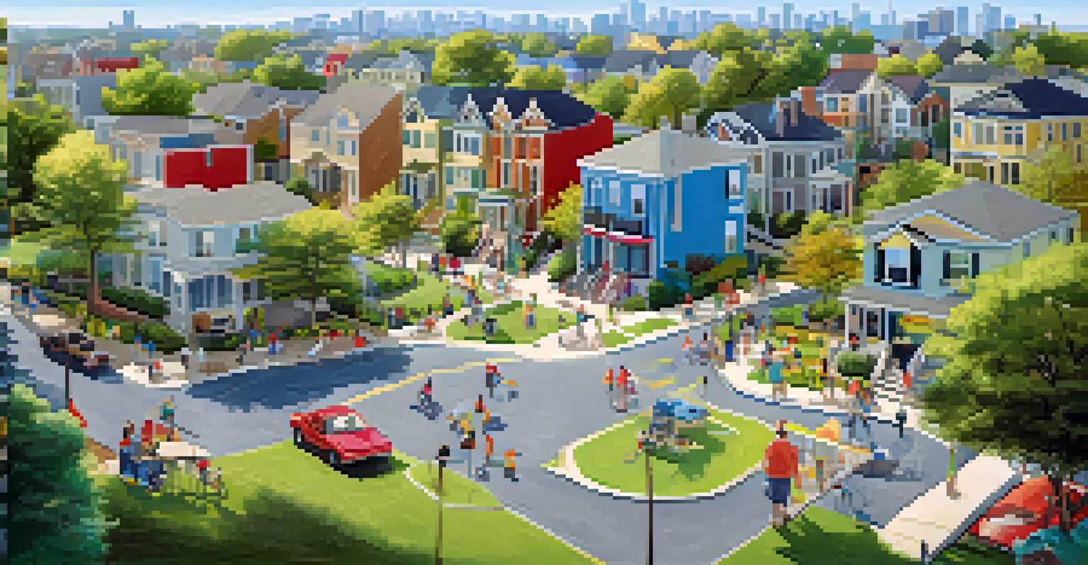 An aerial view of an urban neighborhood showcasing parks and community spaces with residents of different ages enjoying activities together.