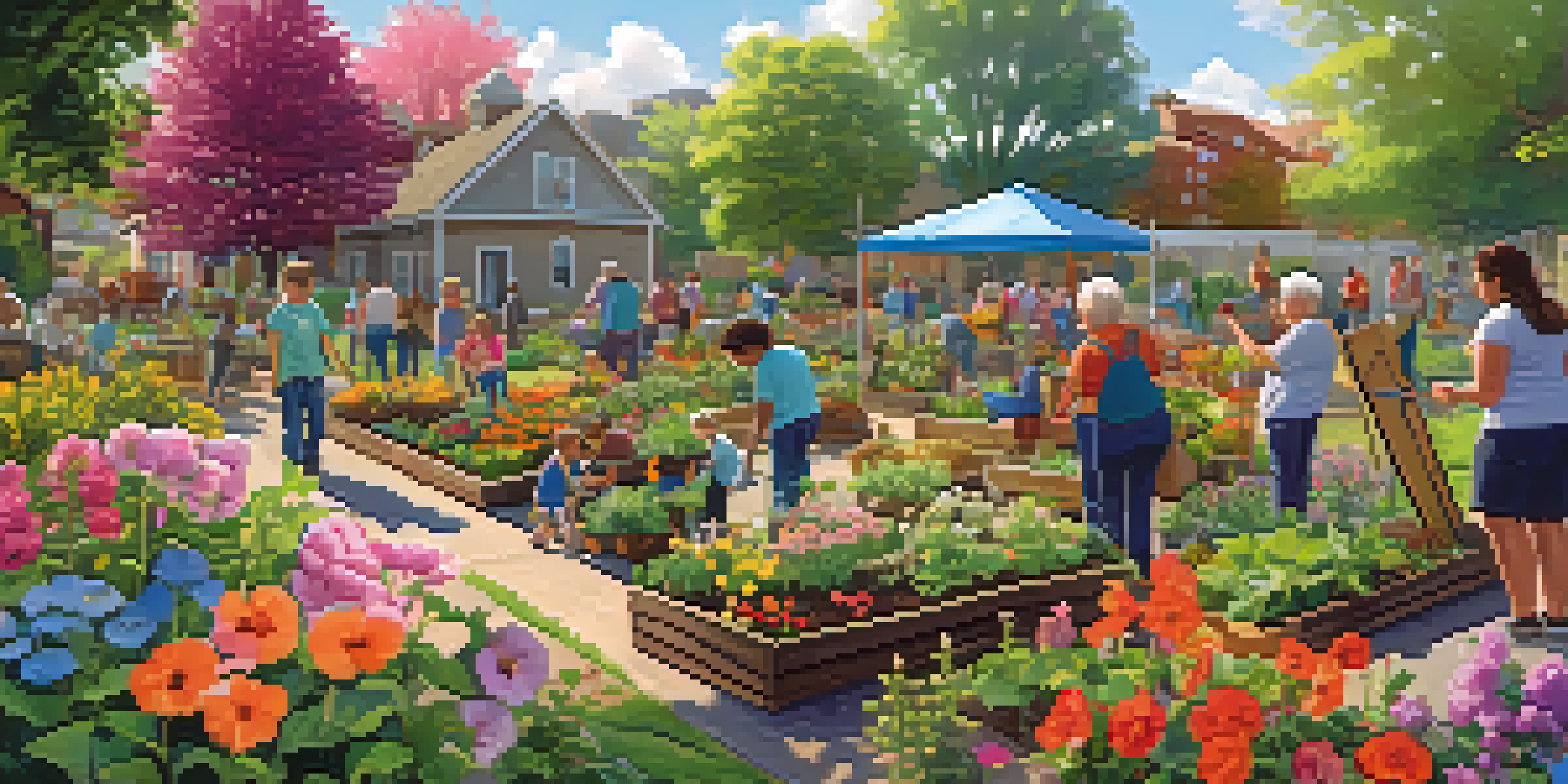 A diverse group of people of different ages working together in a colorful community garden under a sunny sky.