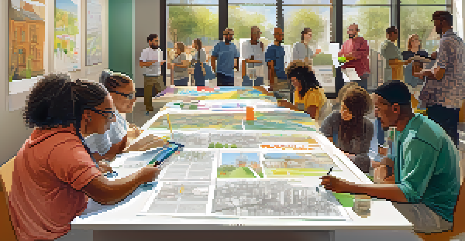 A community workshop with diverse participants discussing inclusive park designs, surrounded by colorful sketches and notes, illuminated by natural light from large windows.