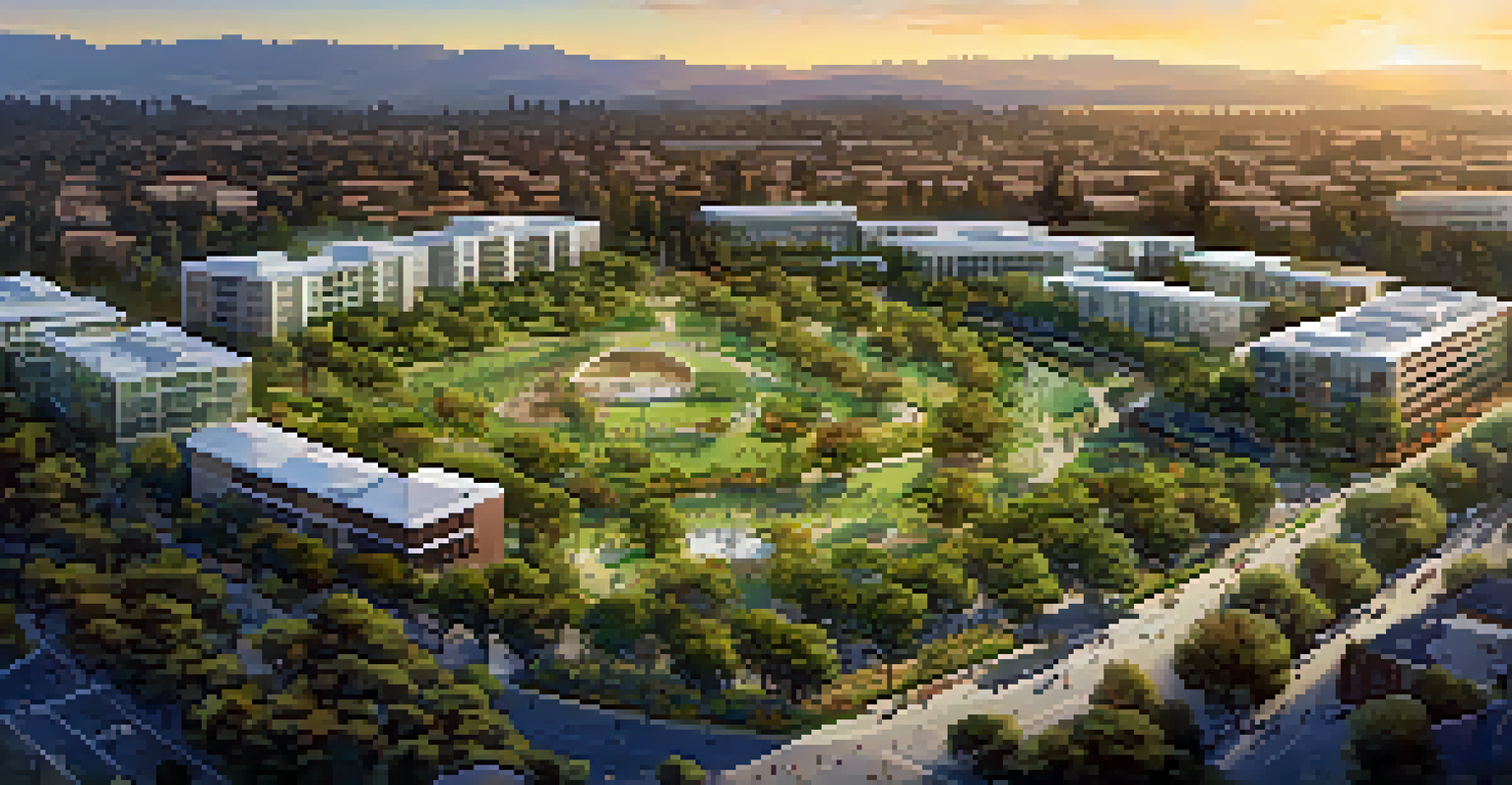 Aerial view of Cupertino showcasing green spaces among modern buildings during sunset.