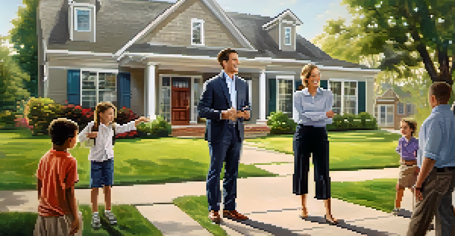 A real estate agent showing a family a home with a school in the background where children are playing.
