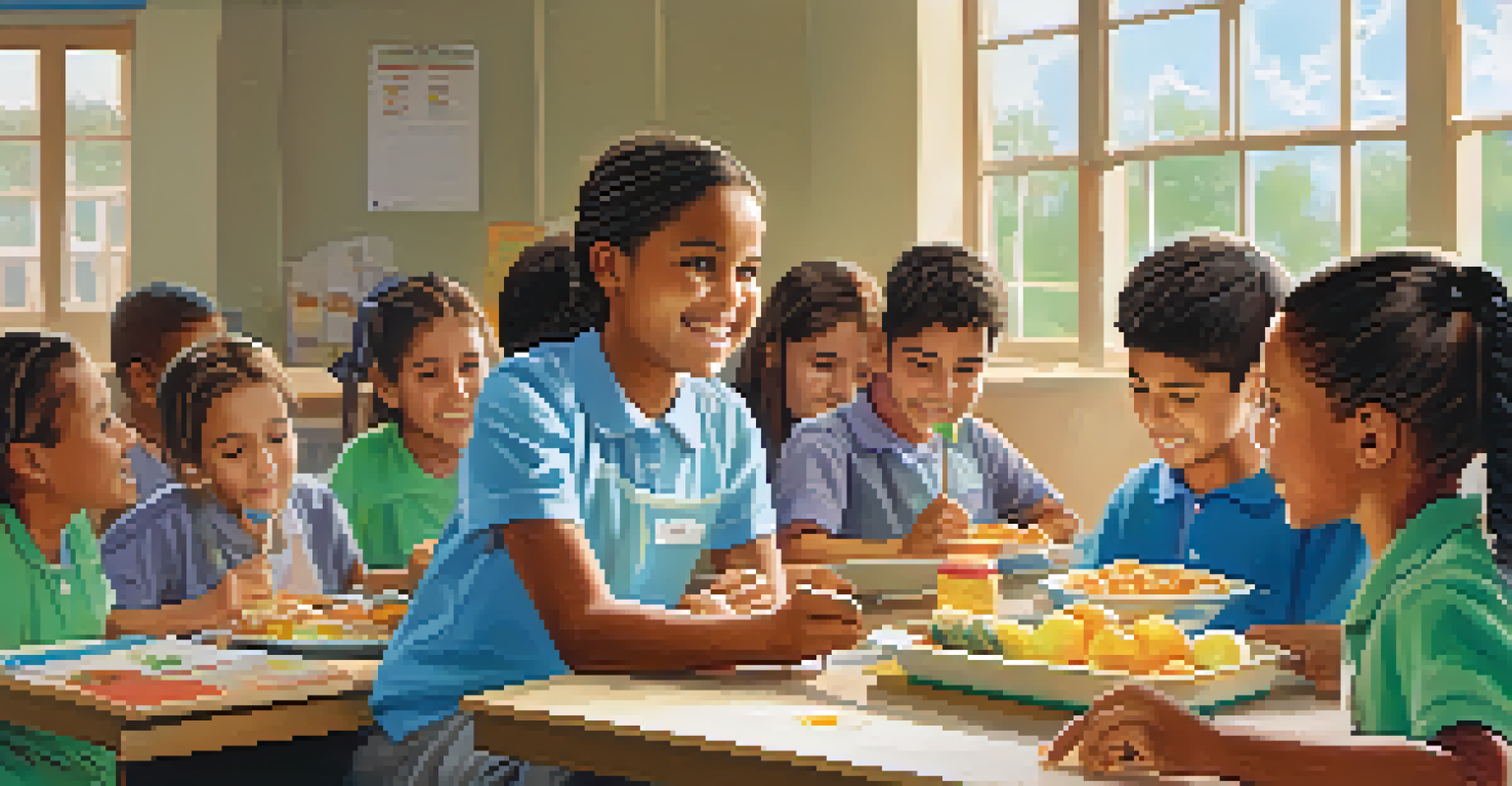 Students happily eating breakfast at their desks in a classroom, with a focus on nutrition education and engaged learning.