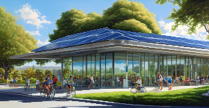 A solar panel installation on a modern public building with lush greenery and a bright blue sky.