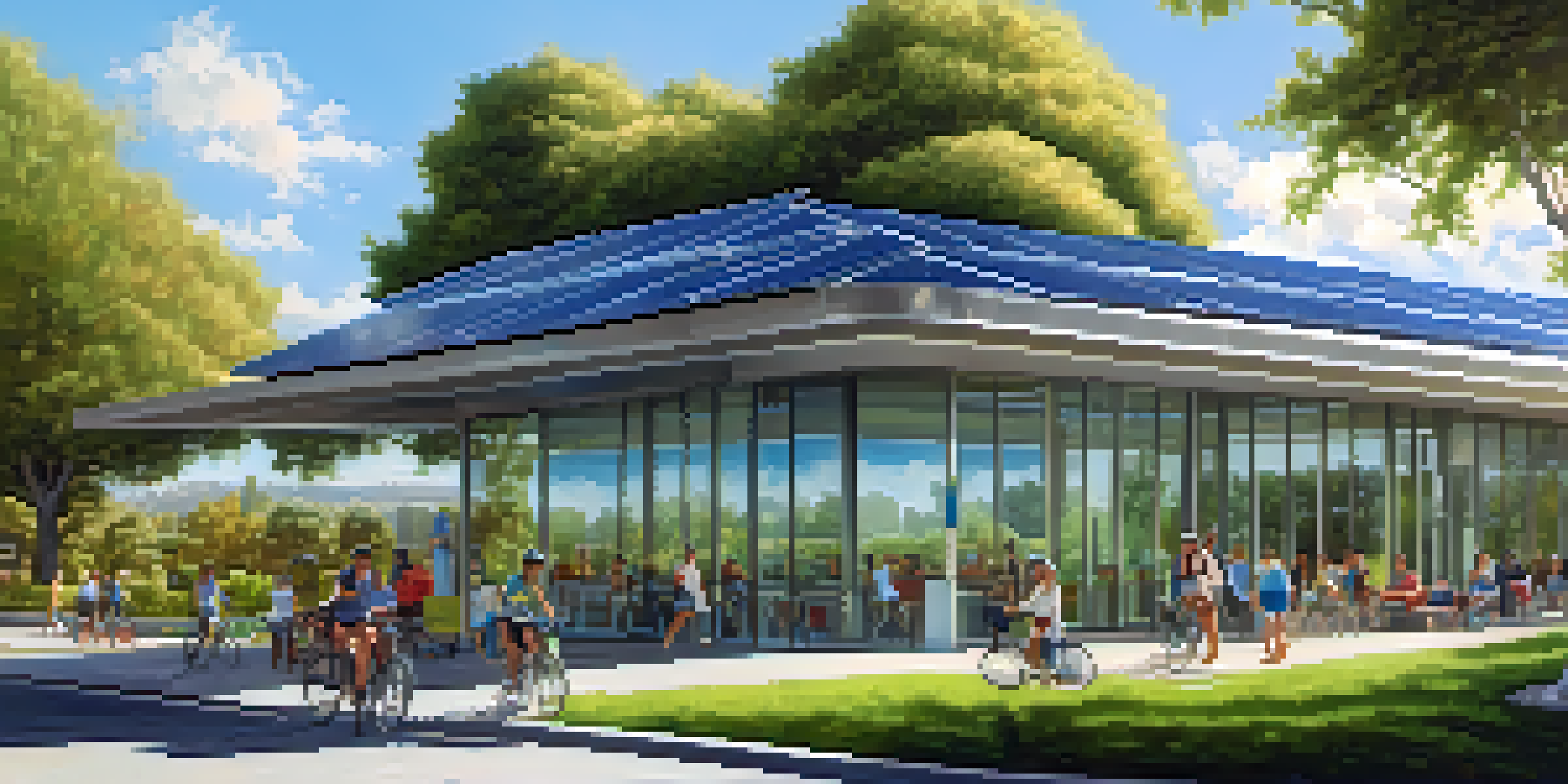 A solar panel installation on a modern public building with lush greenery and a bright blue sky.