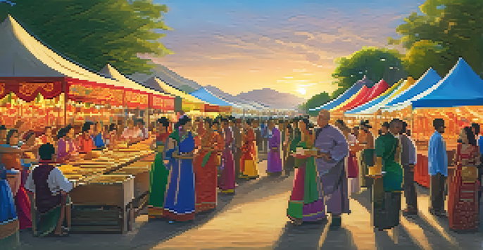 A lively festival in Cupertino with diverse people celebrating, traditional foods, and bright decorations under a sunset.