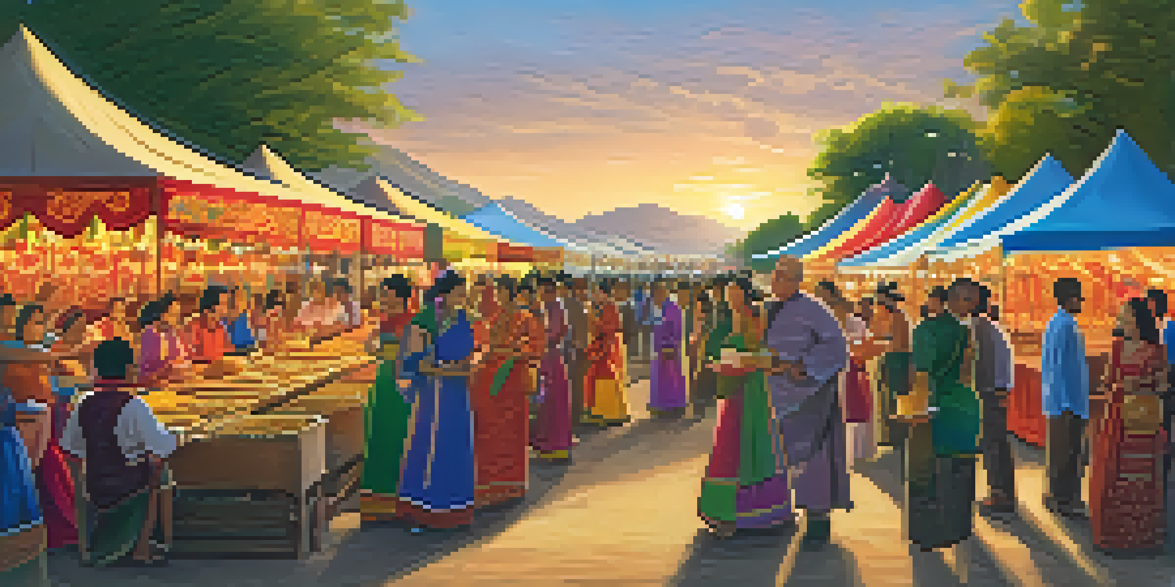 A lively festival in Cupertino with diverse people celebrating, traditional foods, and bright decorations under a sunset.