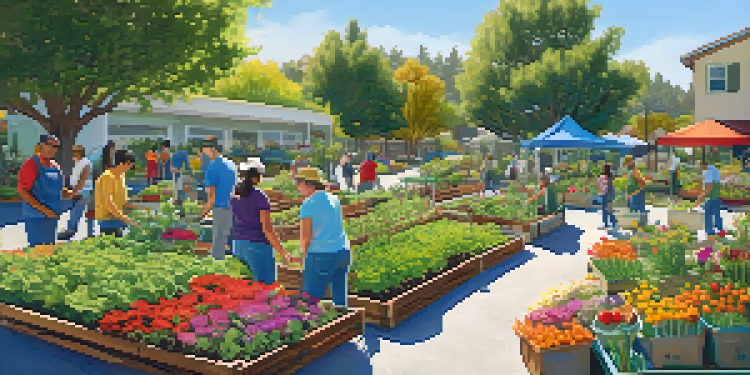 A colorful community garden in Cupertino with volunteers planting and watering plants under a sunny sky.
