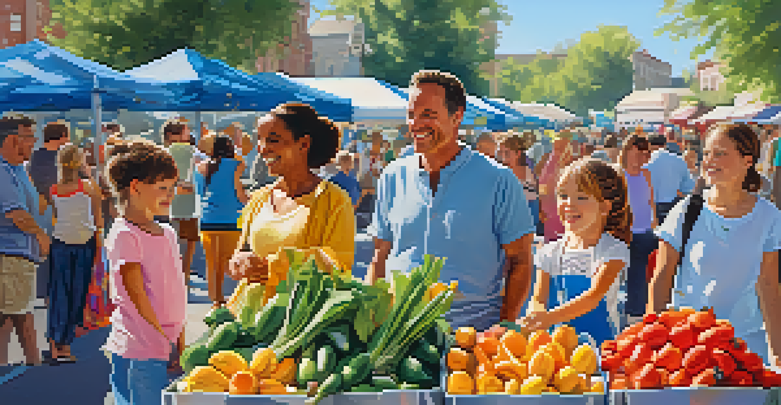 A family at a farmers market, with children enjoying face painting, surrounded by colorful stalls and a joyful atmosphere.