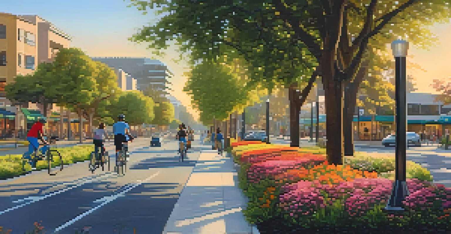 A busy street in Cupertino with bike lanes, pedestrians, and electric vehicle charging stations, surrounded by trees and flowers during sunset.