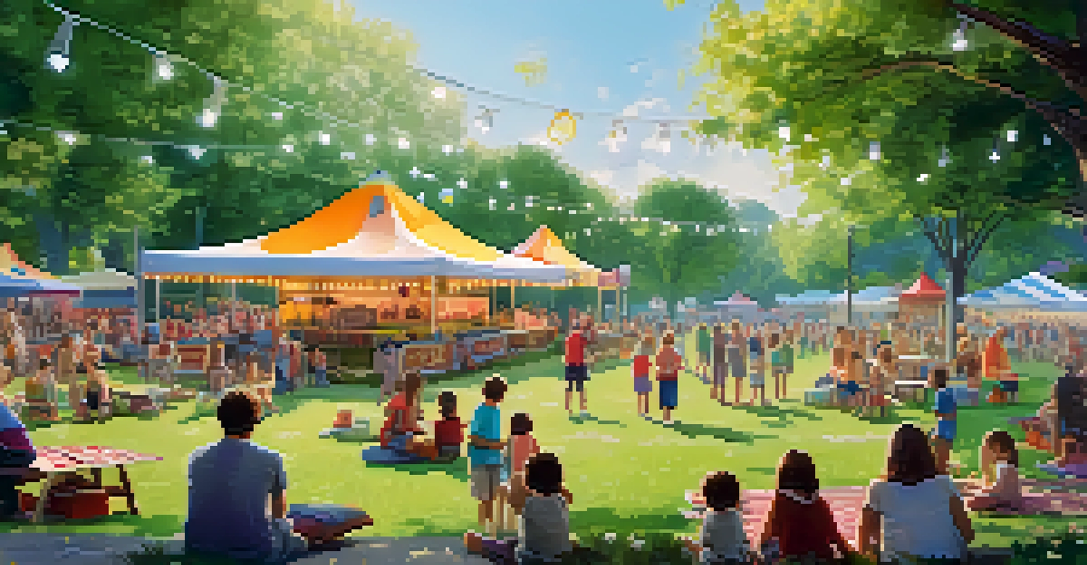 A bustling summer festival in a park with families eating, enjoying music, and watching a movie under the stars.
