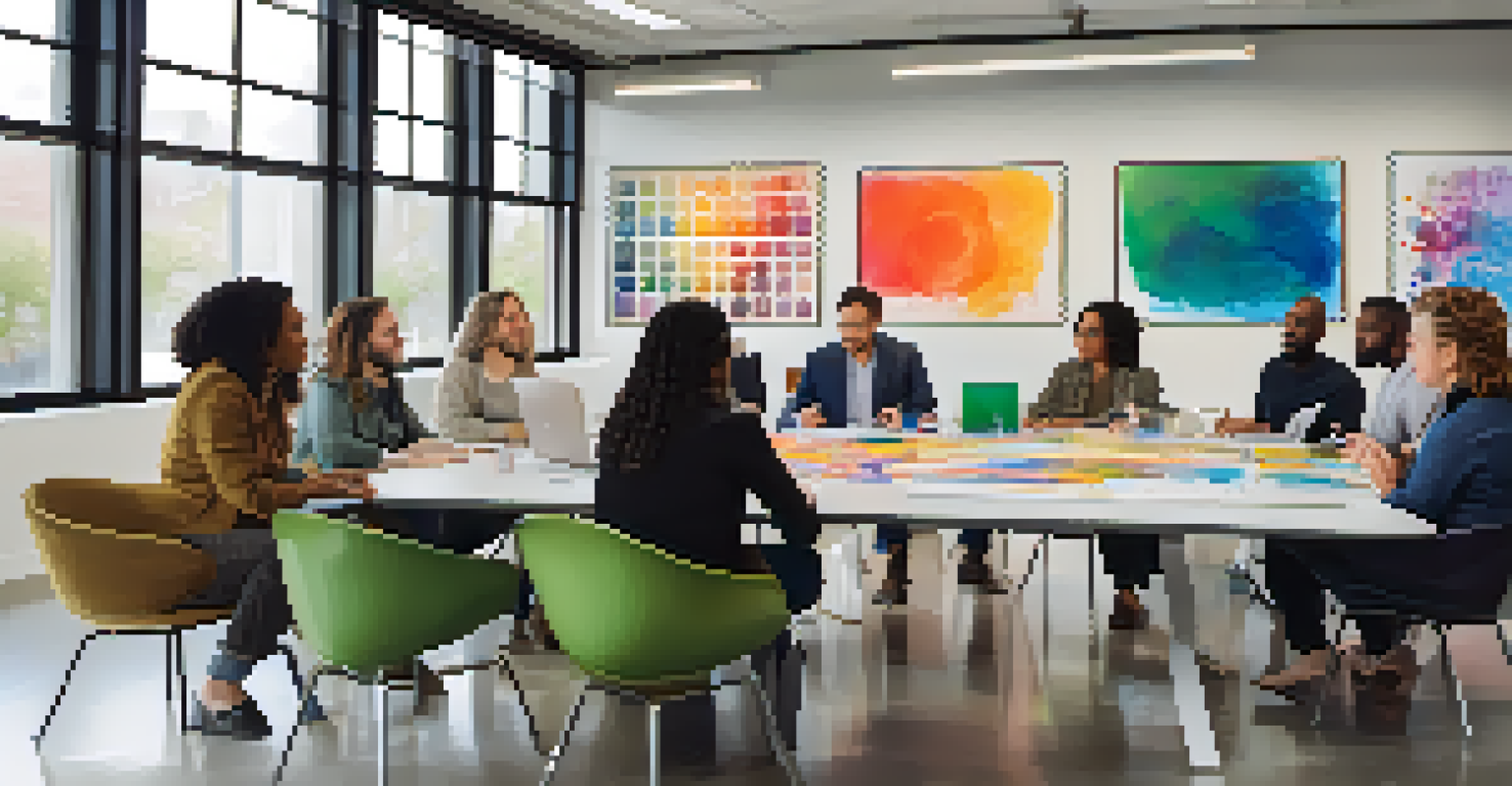 A meeting between artists and nonprofit leaders in a bright office, discussing plans for art projects.