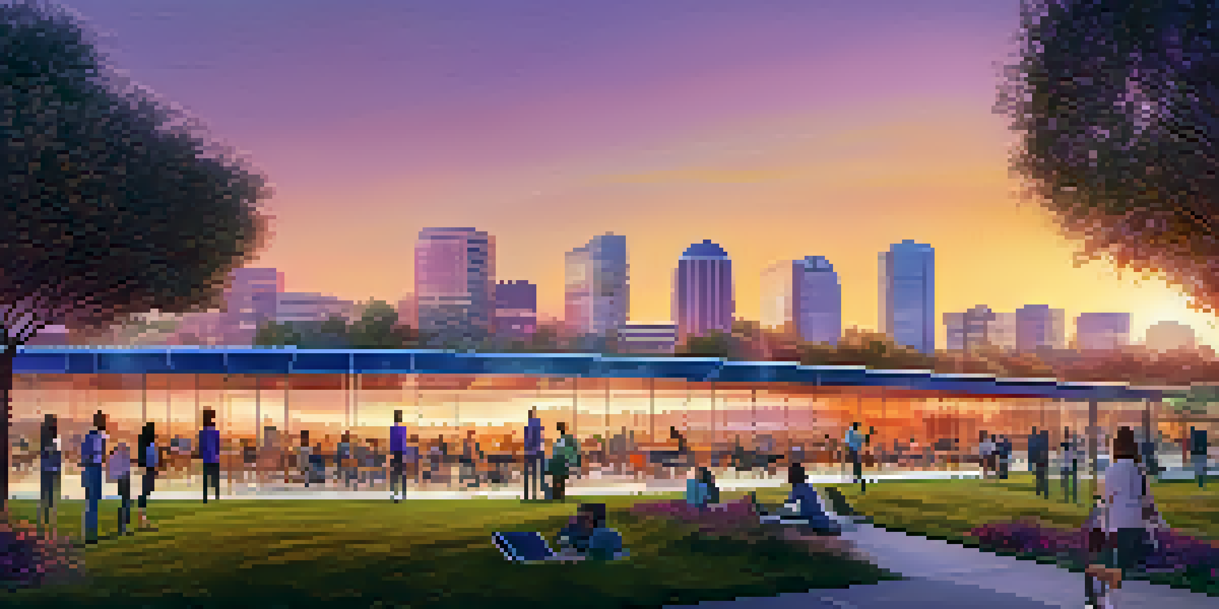 A scenic sunset view of Cupertino's skyline, showcasing modern office buildings and a park filled with people.