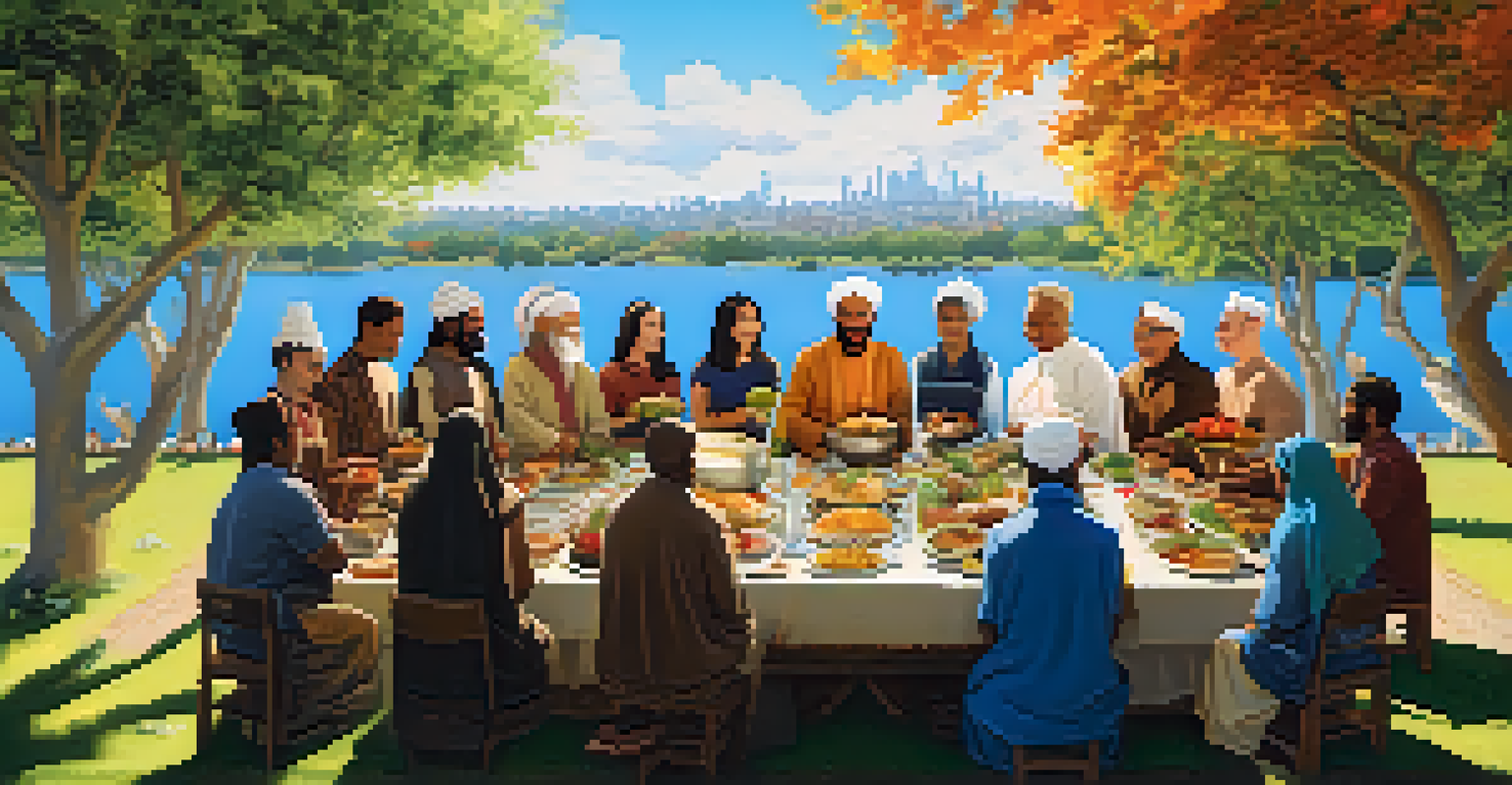 People of various faiths sharing a meal outdoors in a park, enjoying conversation and cultural decorations.
