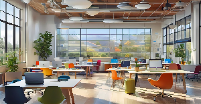 A collaborative workspace with entrepreneurs working on laptops and brainstorming ideas on whiteboards, filled with natural light.