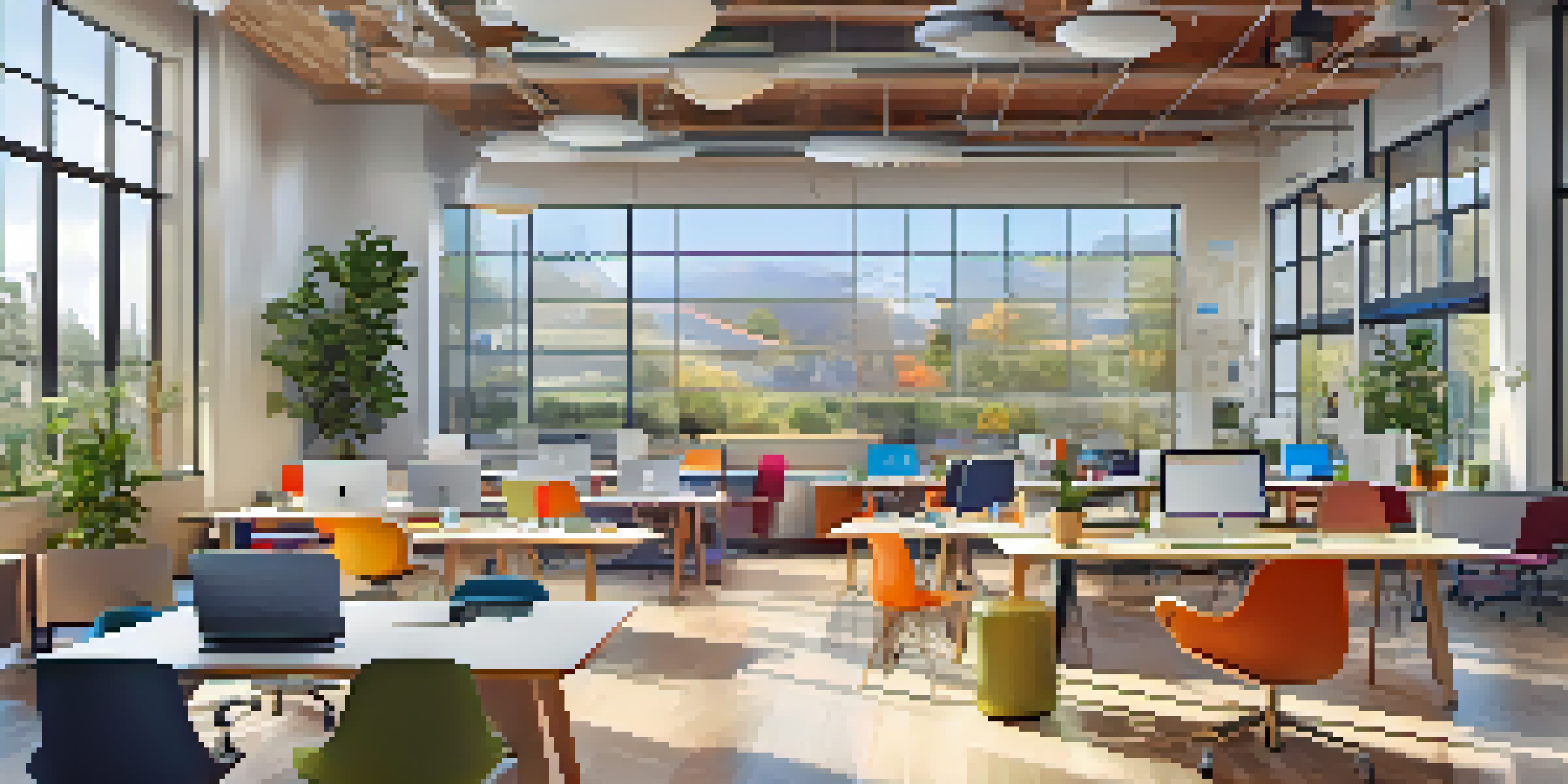 A collaborative workspace with entrepreneurs working on laptops and brainstorming ideas on whiteboards, filled with natural light.