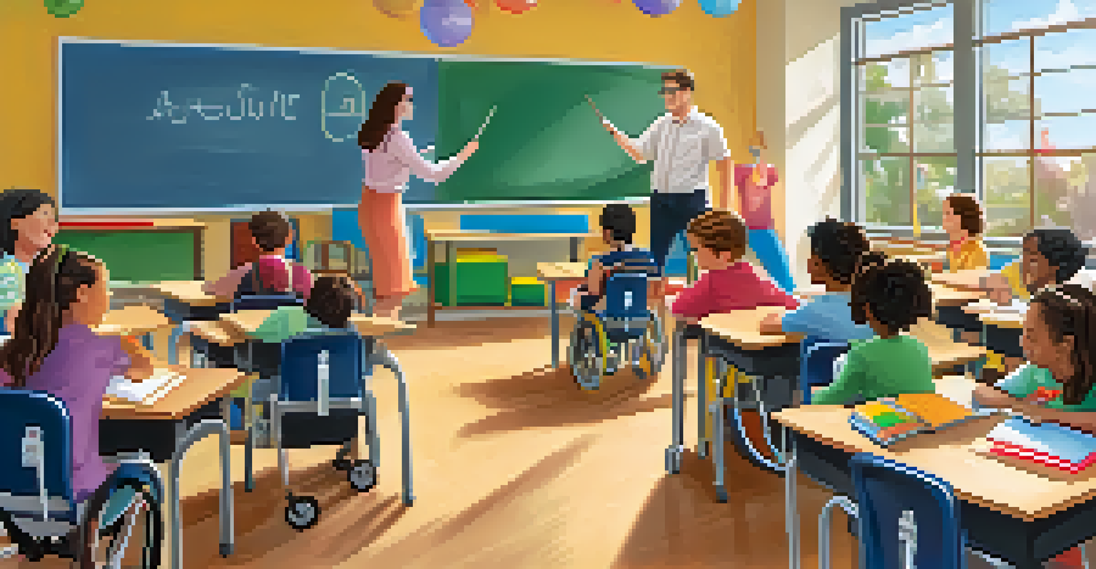 A classroom with a teacher assisting students with disabilities, showcasing an inclusive educational setting.