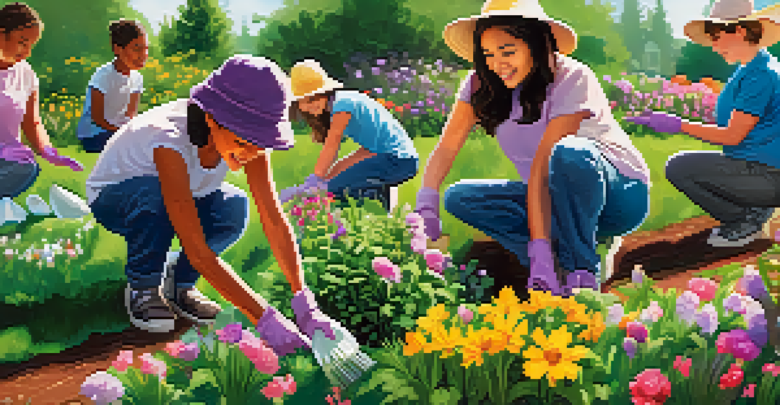 A young student in gardening gloves planting flowers with other volunteers in a vibrant community garden.